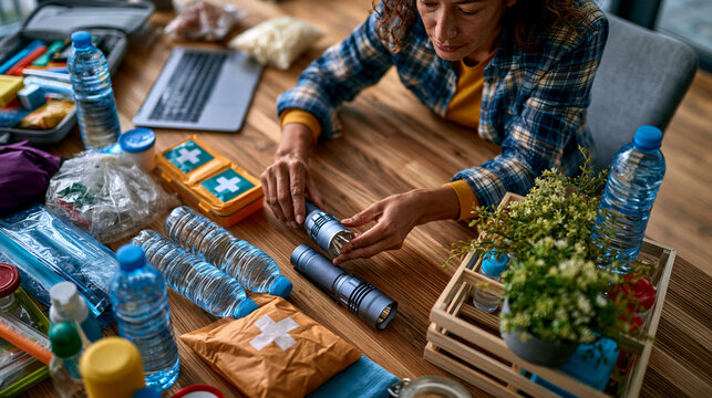 Office administrator assembling emergency kits with flashlights, water and first aid supplies on a table for workplace preparedness overhead