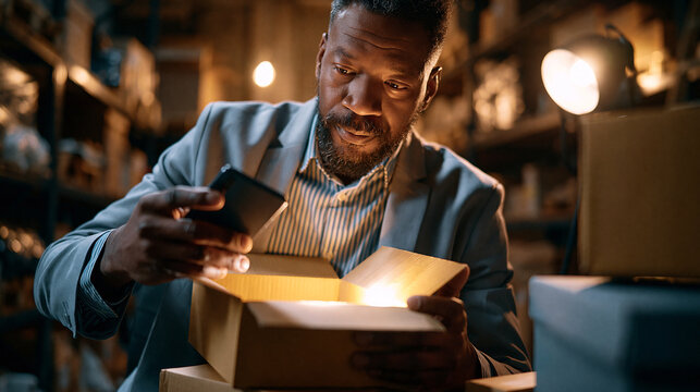 Procurement team member opening a supplier sample box under a phone flashlight in a dim warehouse corner urgent evaluation business banner