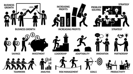 Obraz premium Business success icons set with stick figures for growth strategy leadership and teamwork concepts