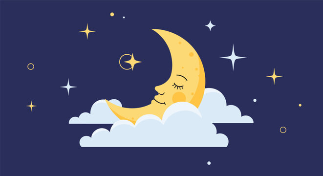 Crescent moon with a peaceful sleeping face resting on soft white clouds under a starry night sky in a whimsical illustration.