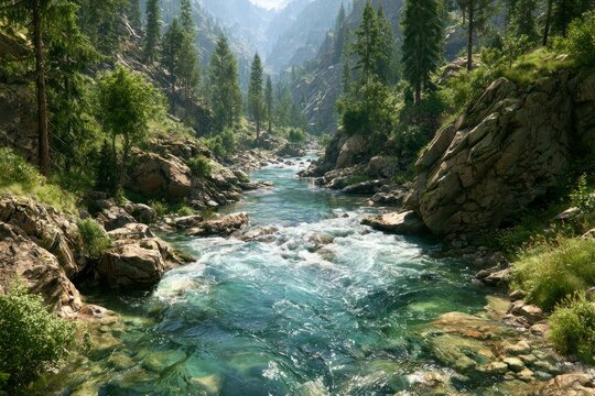 Mountain river flowing through a rocky forest canyon