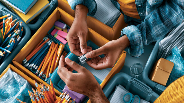 Hands of a nonprofit coordinator packing school supplies into identical boxes for community logistics and social enterprise overhead banner with no readable labels