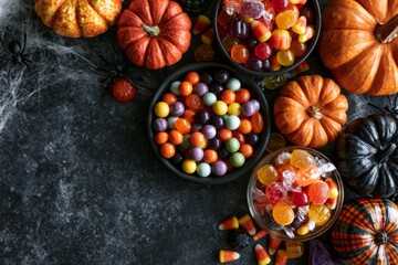 Fototapeta premium Halloween pumpkins and candies on dark background, copy space