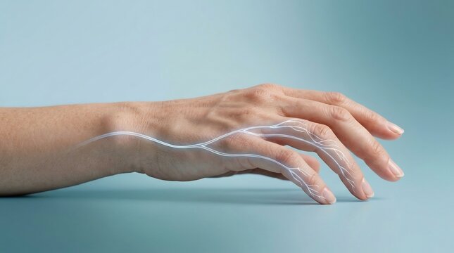 Human hand anatomical visualization showing glowing ulnar nerve pathway on a blue background