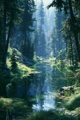 Fototapeta premium Forest landscape reflecting pine trees in calm lake, vertical