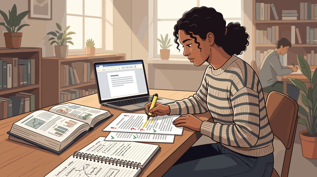 A focused student proofreading documents at a desk with a laptop and open books. A calm academic atmosphere for education, research, and learning.