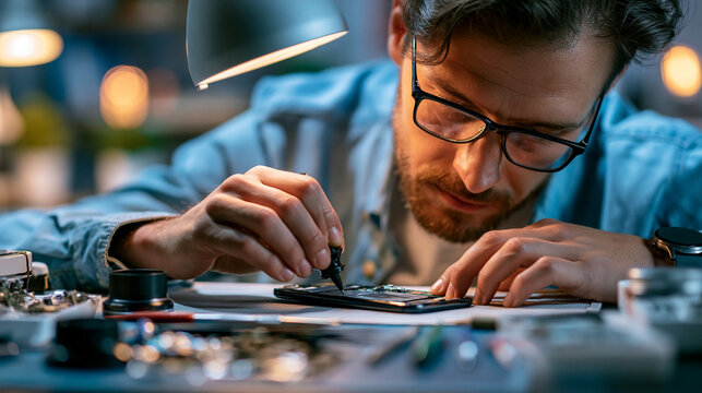 Mobile repair technician testing a newly replaced screen under a magnifying lamp with tools on an antistatic mat in a precision service workshop