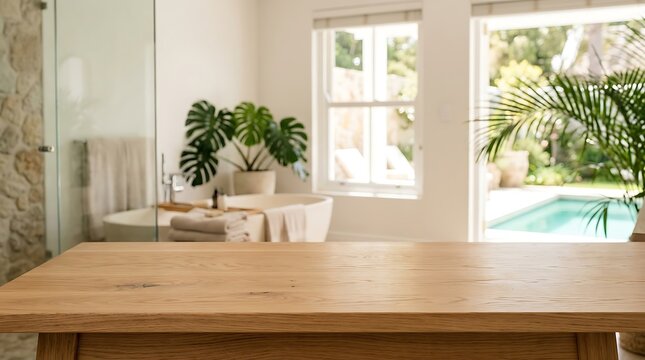 Empty Wooden Table Mockup in Luxury Spa Bathroom Interior with Pool View for Product Display Presentation Background
