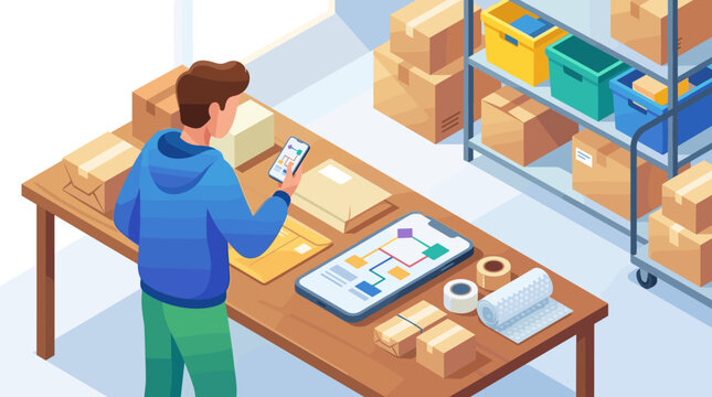 A warehouse worker uses a mobile app to organize shipments. Vector illustration featuring logistics, online store management, and professional order processing.