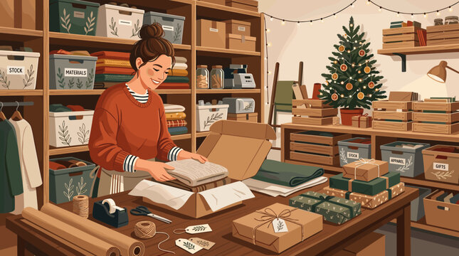 A smiling woman packs clothes into a shipping box in a cozy workshop decorated for Christmas. Perfect for e-commerce, small business, and seasonal retail concepts.