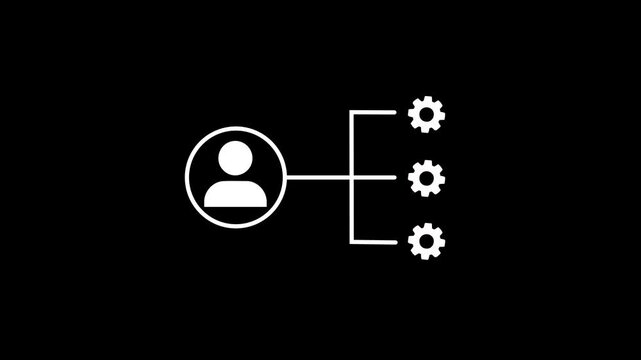 Animated gear with project manager icon on black background. Stakeholders management icon concept. Man people and gear icon. Motion graphics of setting concept with alpha channel. 4k motion video.