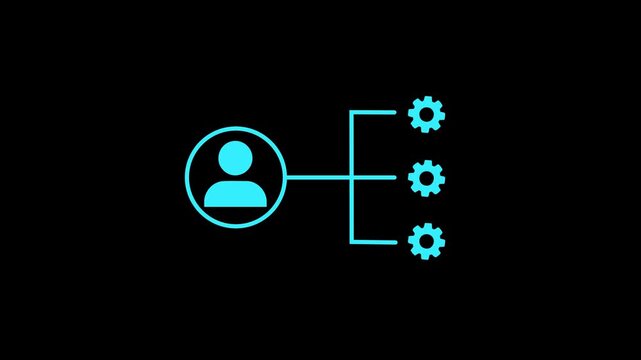 Animated gear with project manager icon on black background. Stakeholders management icon concept. Man people and gear icon. Motion graphics of setting concept with alpha channel. 4k motion video.