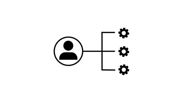 Animated gear with project manager icon on black background. Stakeholders management icon concept. Man people and gear icon. Motion graphics of setting concept with alpha channel. 4k motion video.