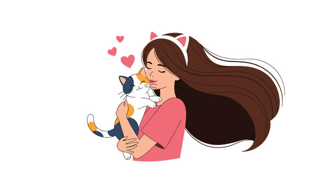 Young girl with very long brown hair wears cat ears and lovingly hugs her calico cat while small red hearts float above.