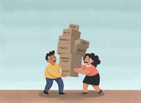 Stressed couple struggling with relationship and money issues