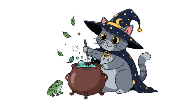 Grey cat dressed as a witch with a star-patterned hat and cloak brews a bubbling green potion in a large cauldron with a frog.
