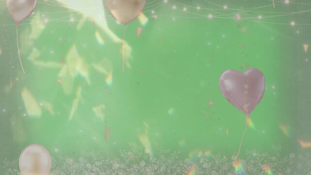 Animated heart balloons floating upwards against a green background with sparkles and floral borders suitable for romantic occasions with backdrop adorned twinkling lights floral patterns