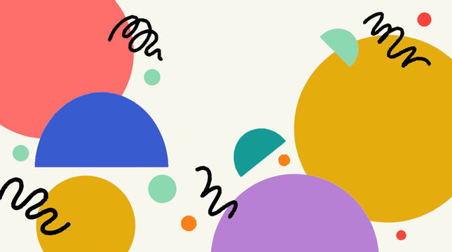 Vibrant abstract shapes create a lively decorative pattern on a cream background