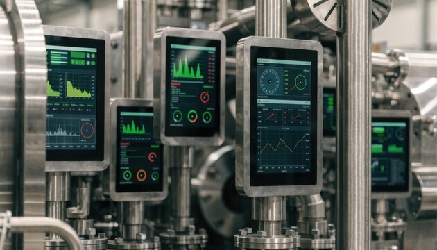 Close medium shot of multilingual HMI control screens displaying realtime diagnostics and customizable recipe options emphasizing userfriendly interface for diverse manufacturing