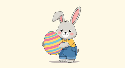 Fototapeta premium Adorable easter bunny rabbit wearing blue overalls and yellow shirt holding a large colorful striped egg on beige background.