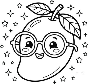 Charming mango character with glasses black and white illustration for kids' activities and educational materials