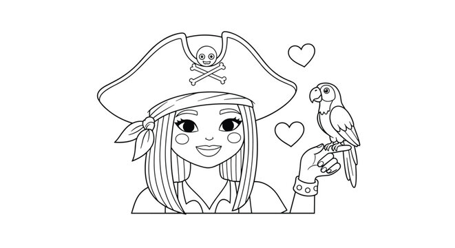 Smiling pirate girl wearing a traditional hat with skull and crossbones holding a parrot in black and white line art sketch.