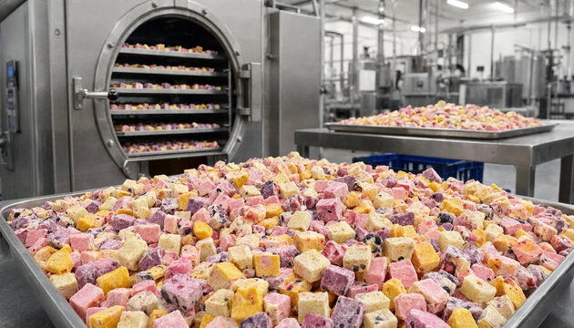 Large metal tray filled with colorful cubed fruit pieces next to an industrial dehydrator machine in a food manufacturing kitchen