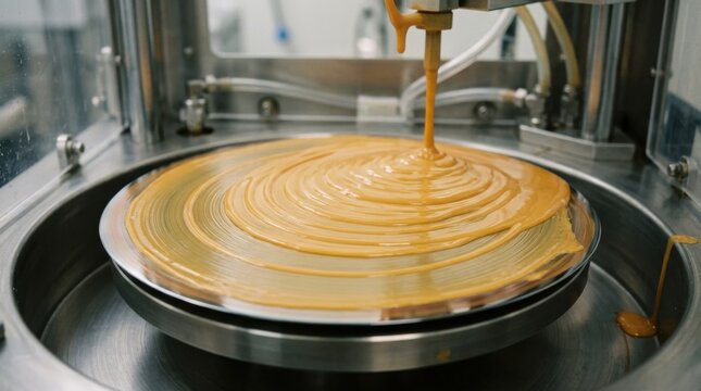 Medium angle capturing thick resist deposition on a spinning wafer focusing on the viscous coating spreading process and texture development.