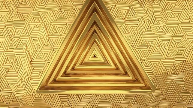 Golden geometric triangle tunnel background, luxury metallic abstract pattern motion, elegant gold textured 3D animation for premium branding