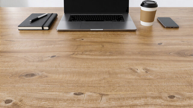 Ein moderner Schreibtisch bietet im Vordergrund eine gro&szlig;e freie Holzfl&auml;che f&uuml;r Texte oder Produktpr&auml;sentationen. Laptop und B&uuml;rozubeh&ouml;r befinden sich im Hintergrund.Platz f&uuml;r text.KI Generiert 