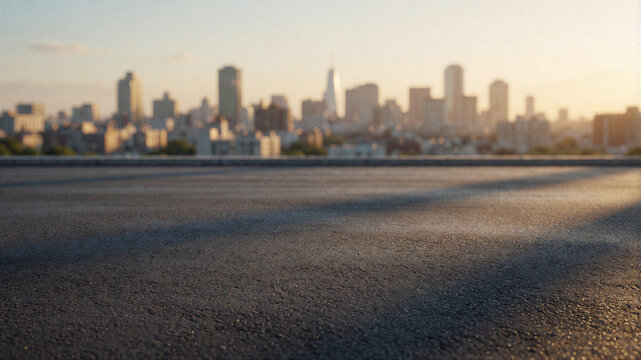 Eine strukturierte Asphaltfl&auml;che bildet den Vordergrund, w&auml;hrend eine unscharfe Skyline im Hintergrund f&uuml;r urbanes Ambiente sorgt.Platz f&uuml;r text. KI Generiert 