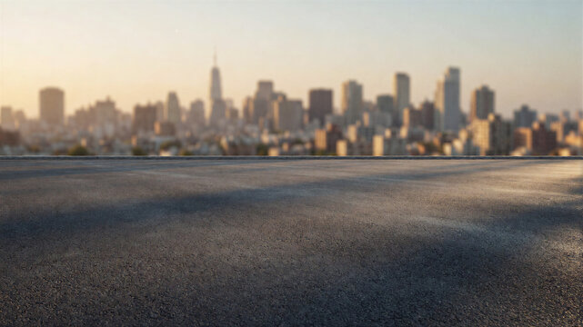 Eine strukturierte Asphaltfl&auml;che bildet den Vordergrund, w&auml;hrend eine unscharfe Skyline im Hintergrund f&uuml;r urbanes Ambiente sorgt.Platz f&uuml;r text. KI Generiert 