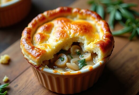 Individual Ramekin Chicken Pot Pie Golden Flaky Crust Comfort Dish Nostalgic Flavor Mushroom Herb Richness