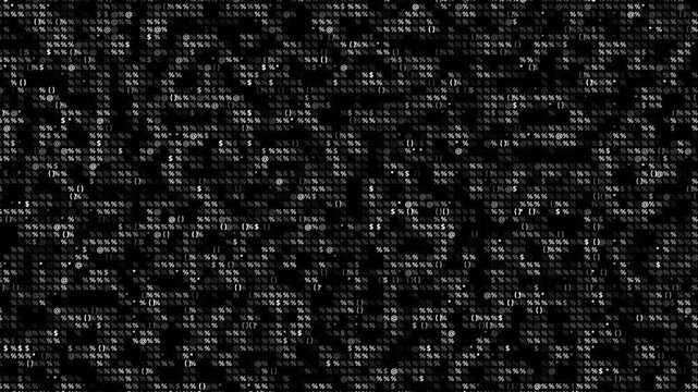 White ASCII code and digital typography symbols flickering on a black background. This abstract matrix terminal screen features percentages, dollar signs, and brackets in a high-contrast cyberpunk