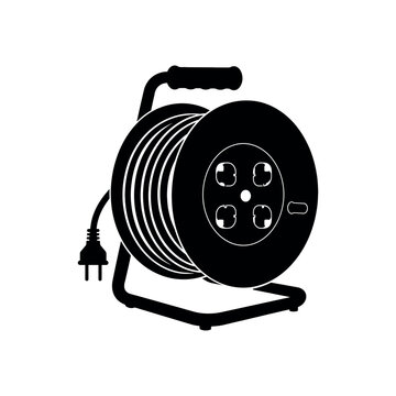 Black silhouette of an electrical cable reel with four power sockets and plug