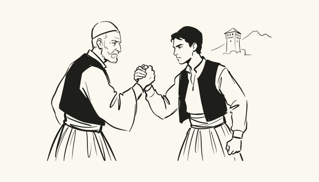 Hand-drawn ink sketch of Albanian men shaking hands in traditional attire near Kruje castle