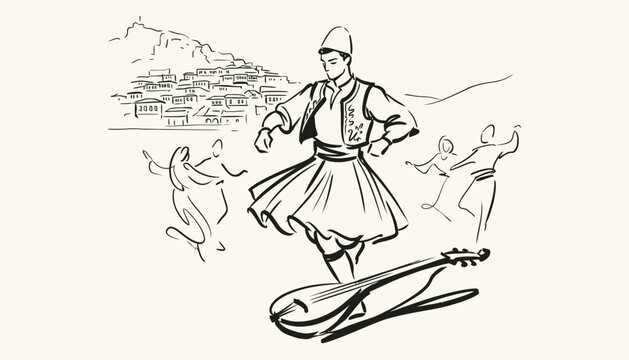 Hand drawn sketch of Albanian man dancing in traditional folk costume with Kruje castle