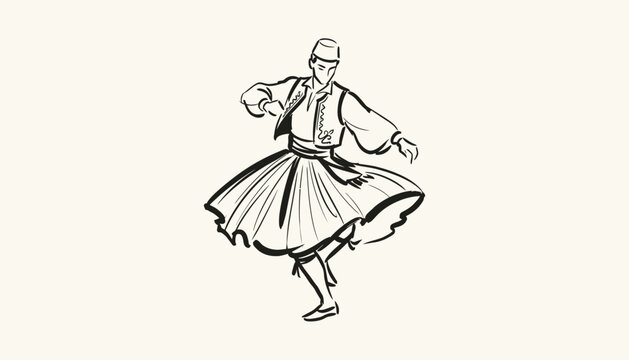 Hand drawn ink sketch of Albanian man dancing in traditional folk costume fustanella