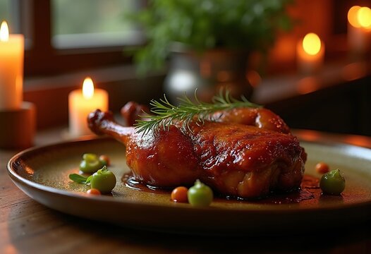 Luscious Duck Confit Glazed Skin Candlelit Bistro Atmosphere Indulging in Savory Elegance