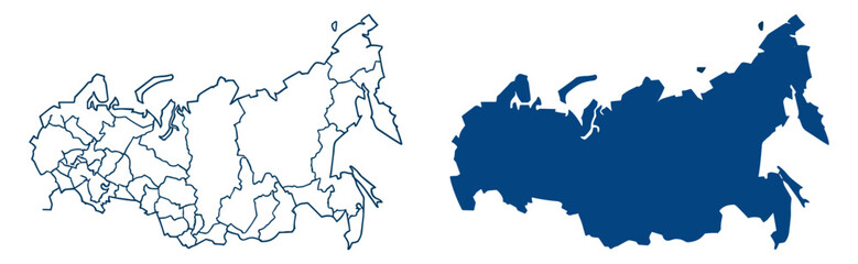 Administrative outline map of the Russian Federation along with a solid blue silhouette, vector geography templates on transparent background © Ludmila