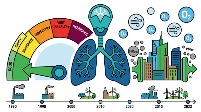 Respiratory health and air quality dashboard with pollution metrics oxygen indicators and environmental timeline