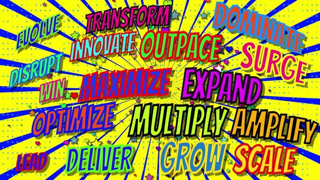 Dynamic pop art comic book style background featuring vibrant, animated business buzzwords like grow, scale, innovate, and transform. Bright yellow and blue radial sunburst rays with halftone dots