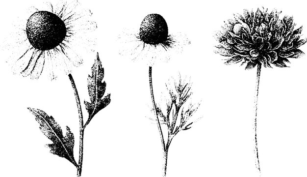 Chamomile botanical stippling illustration of plant flower and stem for vintage label packaging background and educational diagram