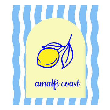 Blue summer doodle lemon pattern on white background with blue waves stripes in Amalfi style poster	