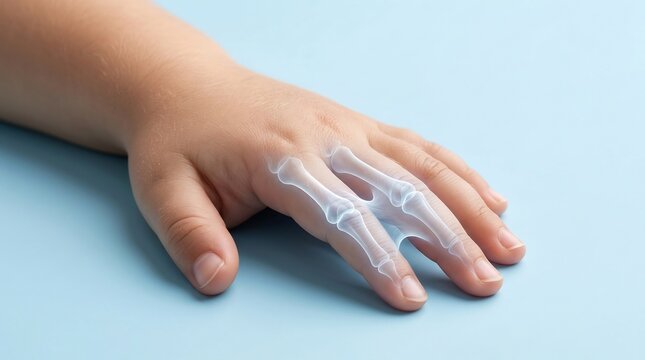 Anatomical visualization of bones in a child's hand with an X-ray overlay on a blue background for medical education