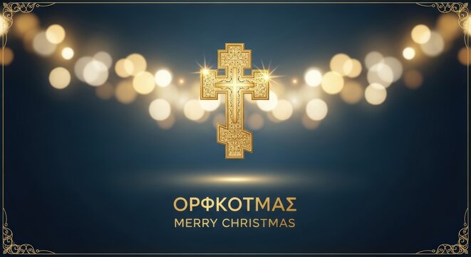 Golden Christmas cross, Merry Christmas card, Orthodox greeting, festive holiday background