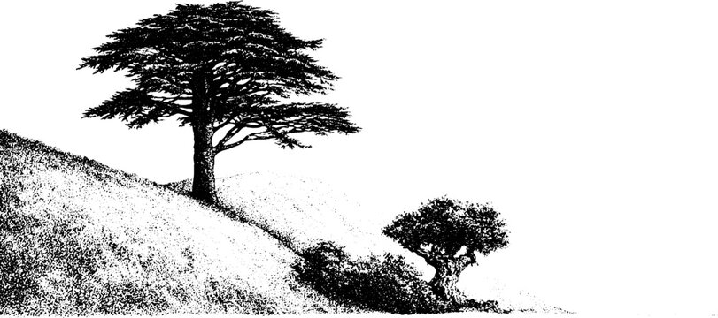 Black and white stippling cedar trees on rolling hills for vintage landscape background and natural scenery poster design