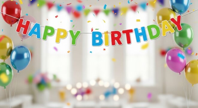 Colorful birthday decorations, happy birthday banner, balloons and confetti, party celebration