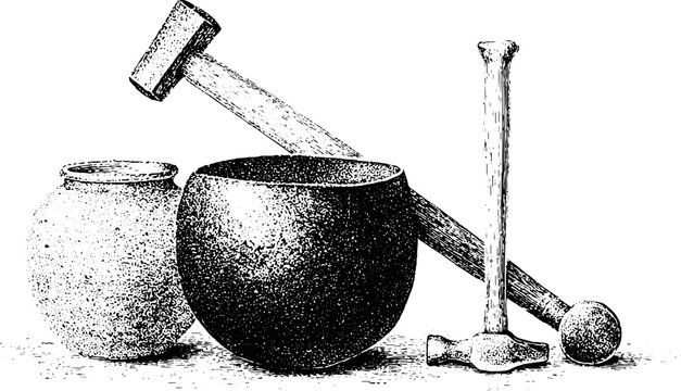 Vintage stippled black and white illustration of hammers and metal bowls with jar for workshop poster and background design