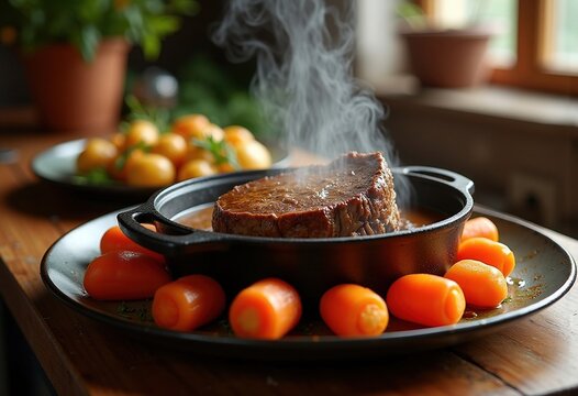 Succulent Dutch Oven Pot Roast with Carrots and Potatoes in Rich Gravy Served Hot